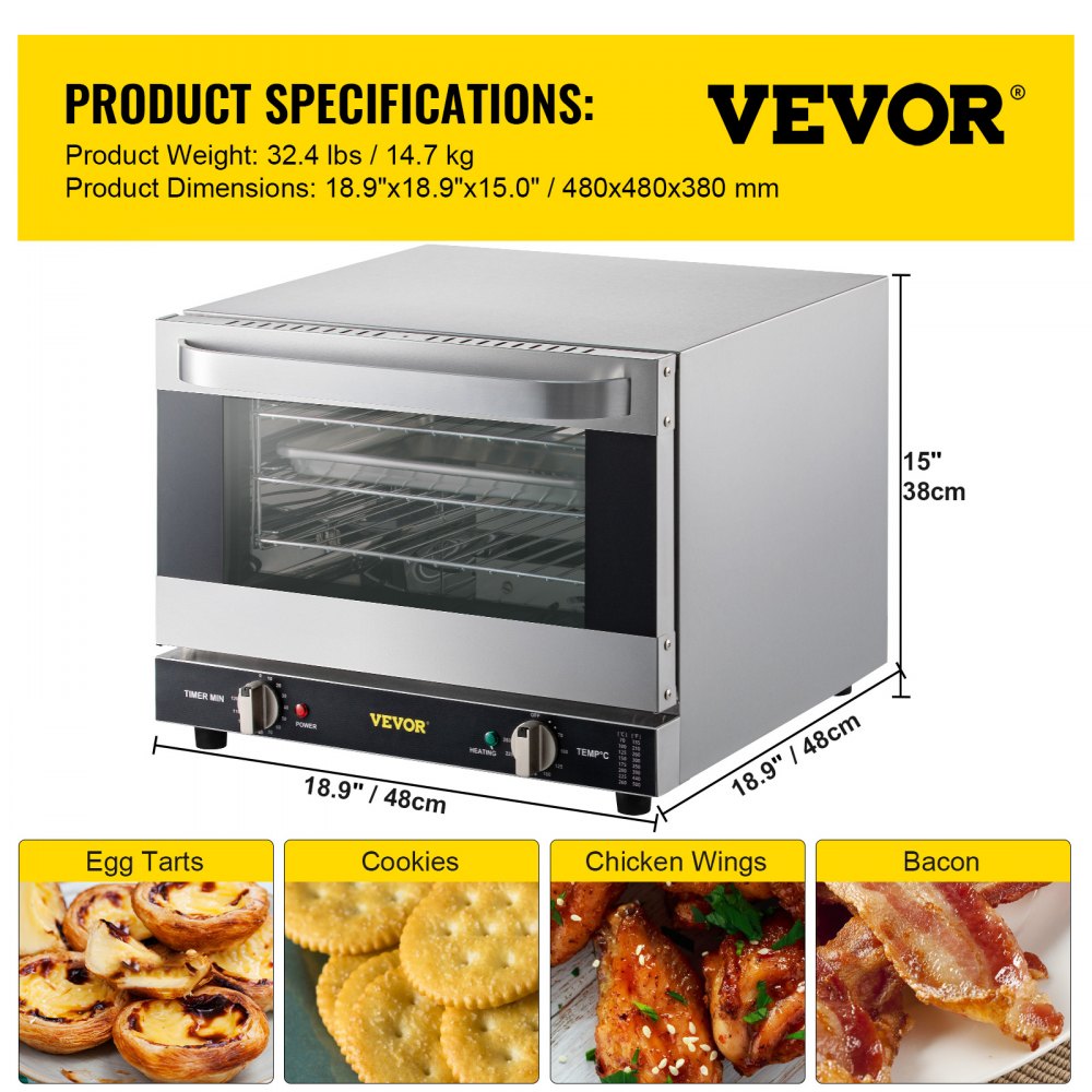 Commercial Convection Oven, 21L/19Qt, Quarter-Size Conventional Oven Countertop, 1440W 3-Tier Toaster w/ Front Glass Door, Electric Baking Oven w/ Trays Wire Racks Clip Gloves, 120V, ETL Listed