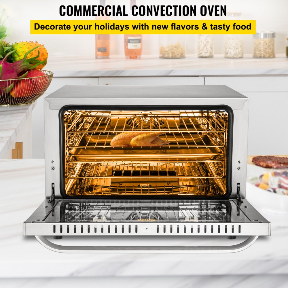 Commercial Convection Oven, 47L/43Qt, Half-Size Conventional Oven Countertop, 1600W 4-Tier Toaster w/ Front Glass Door, Electric Baking Oven w/ Trays Wire Racks Clip Gloves, 120V, ETL Listed