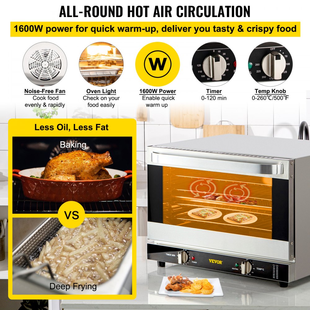 Commercial Convection Oven, 47L/43Qt, Half-Size Conventional Oven Countertop, 1600W 4-Tier Toaster w/ Front Glass Door, Electric Baking Oven w/ Trays Wire Racks Clip Gloves, 120V, ETL Listed