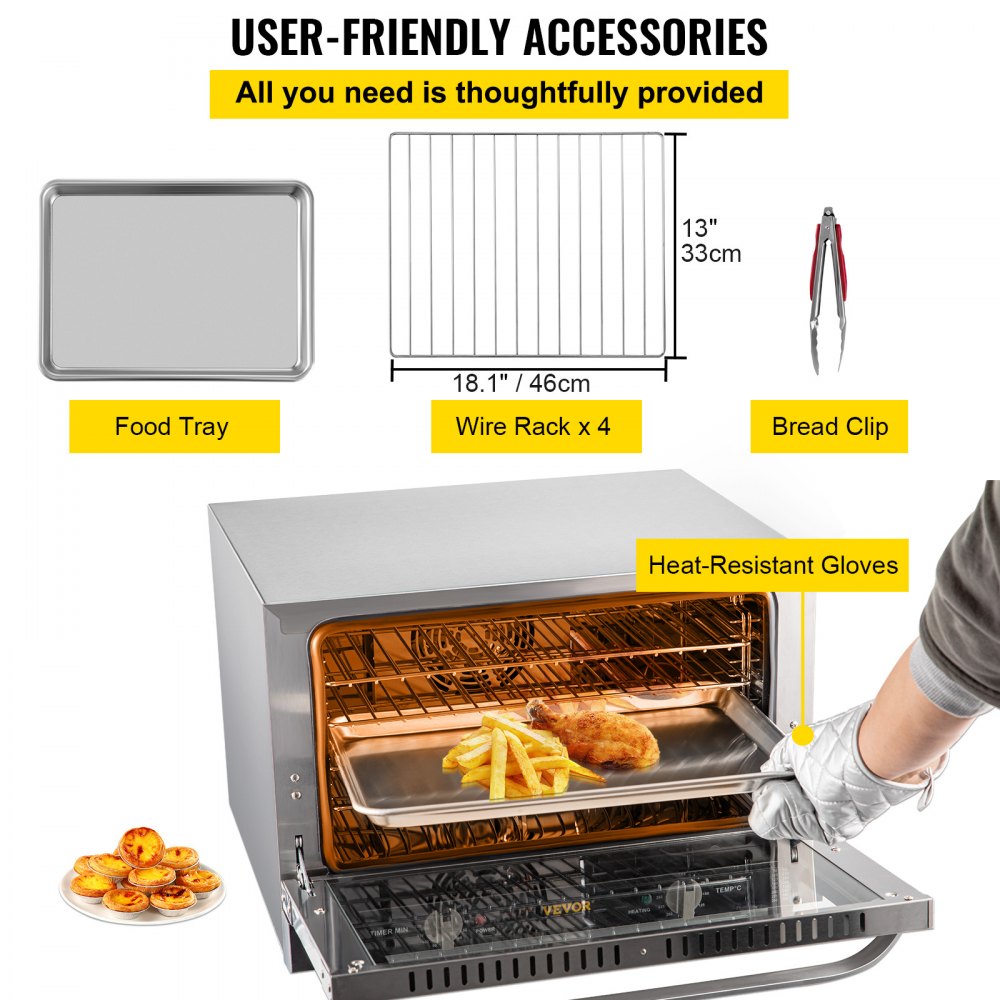 Commercial Convection Oven, 47L/43Qt, Half-Size Conventional Oven Countertop, 1600W 4-Tier Toaster w/ Front Glass Door, Electric Baking Oven w/ Trays Wire Racks Clip Gloves, 120V, ETL Listed