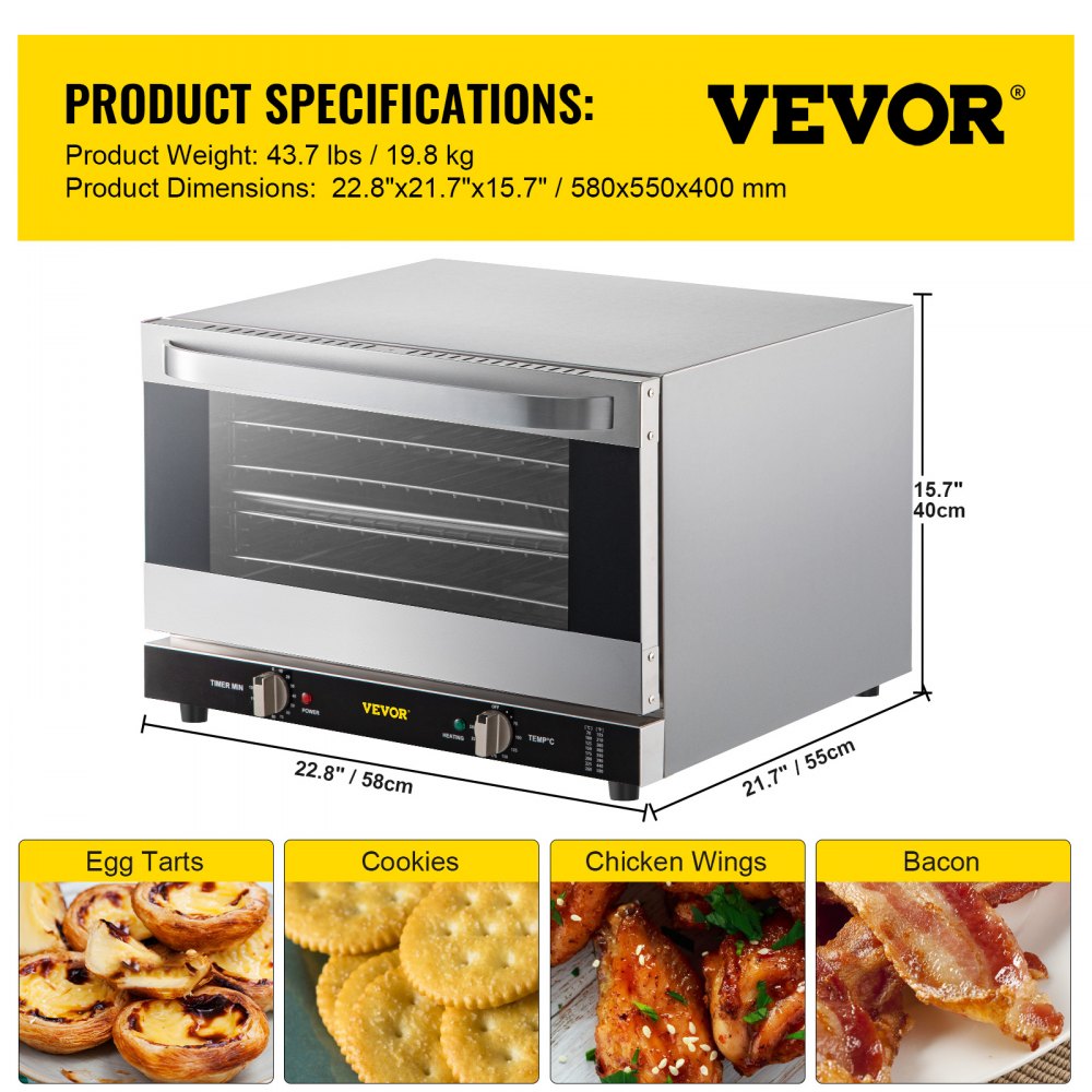 Commercial Convection Oven, 47L/43Qt, Half-Size Conventional Oven Countertop, 1600W 4-Tier Toaster w/ Front Glass Door, Electric Baking Oven w/ Trays Wire Racks Clip Gloves, 120V, ETL Listed