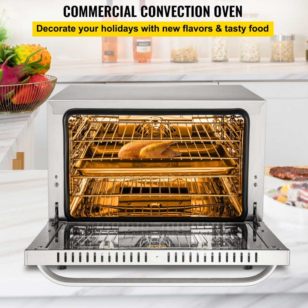 Commercial Convection Oven, 66L/60Qt, Half-Size Conventional Oven Countertop, 1800W 4-Tier Toaster w/ Front Glass Door, Electric Baking Oven w/ Trays Wire Racks Clip Gloves, 120V, ETL Listed