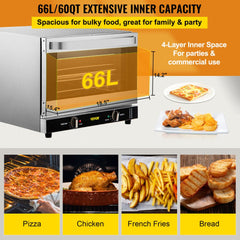 Commercial Convection Oven, 66L/60Qt, Half-Size Conventional Oven Countertop, 1800W 4-Tier Toaster w/ Front Glass Door, Electric Baking Oven w/ Trays Wire Racks Clip Gloves, 120V, ETL Listed