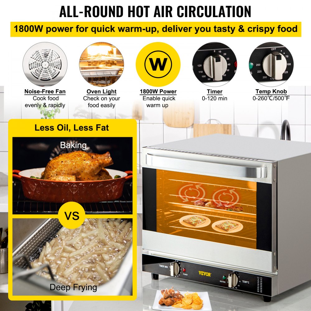Commercial Convection Oven, 66L/60Qt, Half-Size Conventional Oven Countertop, 1800W 4-Tier Toaster w/ Front Glass Door, Electric Baking Oven w/ Trays Wire Racks Clip Gloves, 120V, ETL Listed