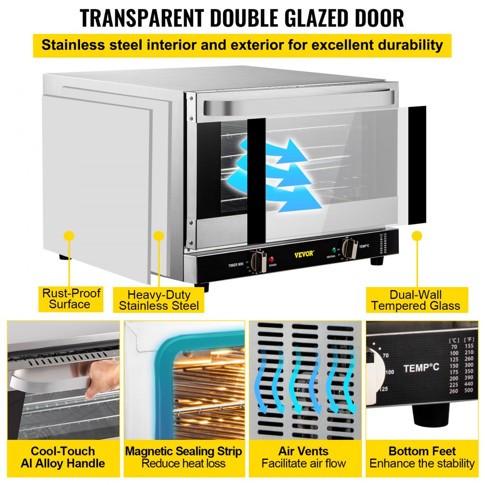 Commercial Convection Oven, 66L/60Qt, Half-Size Conventional Oven Countertop, 1800W 4-Tier Toaster w/ Front Glass Door, Electric Baking Oven w/ Trays Wire Racks Clip Gloves, 120V, ETL Listed