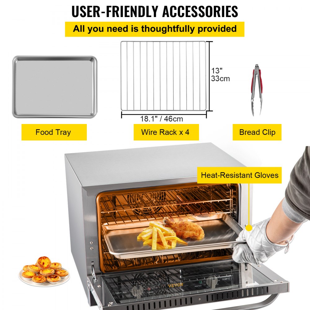 Commercial Convection Oven, 66L/60Qt, Half-Size Conventional Oven Countertop, 1800W 4-Tier Toaster w/ Front Glass Door, Electric Baking Oven w/ Trays Wire Racks Clip Gloves, 120V, ETL Listed