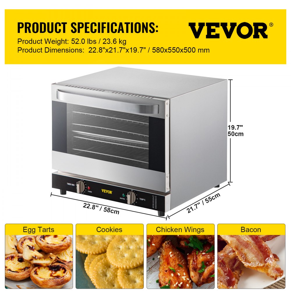 Commercial Convection Oven, 66L/60Qt, Half-Size Conventional Oven Countertop, 1800W 4-Tier Toaster w/ Front Glass Door, Electric Baking Oven w/ Trays Wire Racks Clip Gloves, 120V, ETL Listed