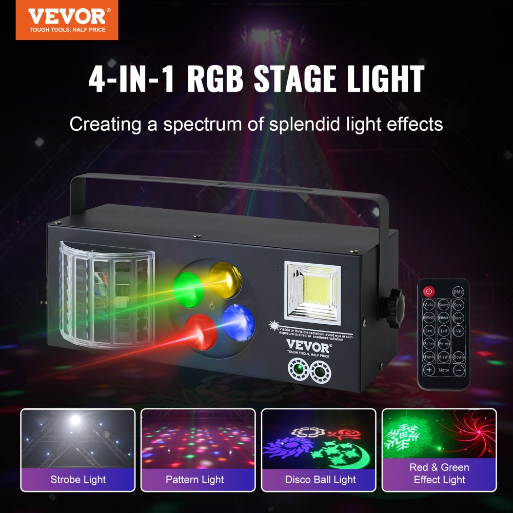 Bostome 4-in-1 RGB Stage Light with LED patterns, strobe effects, and disco ball features.