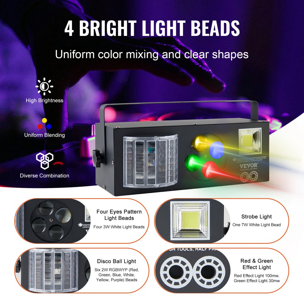 Bostome 4-in-1 RGB Stage Light with LED patterns, strobe effects, and disco ball features.
