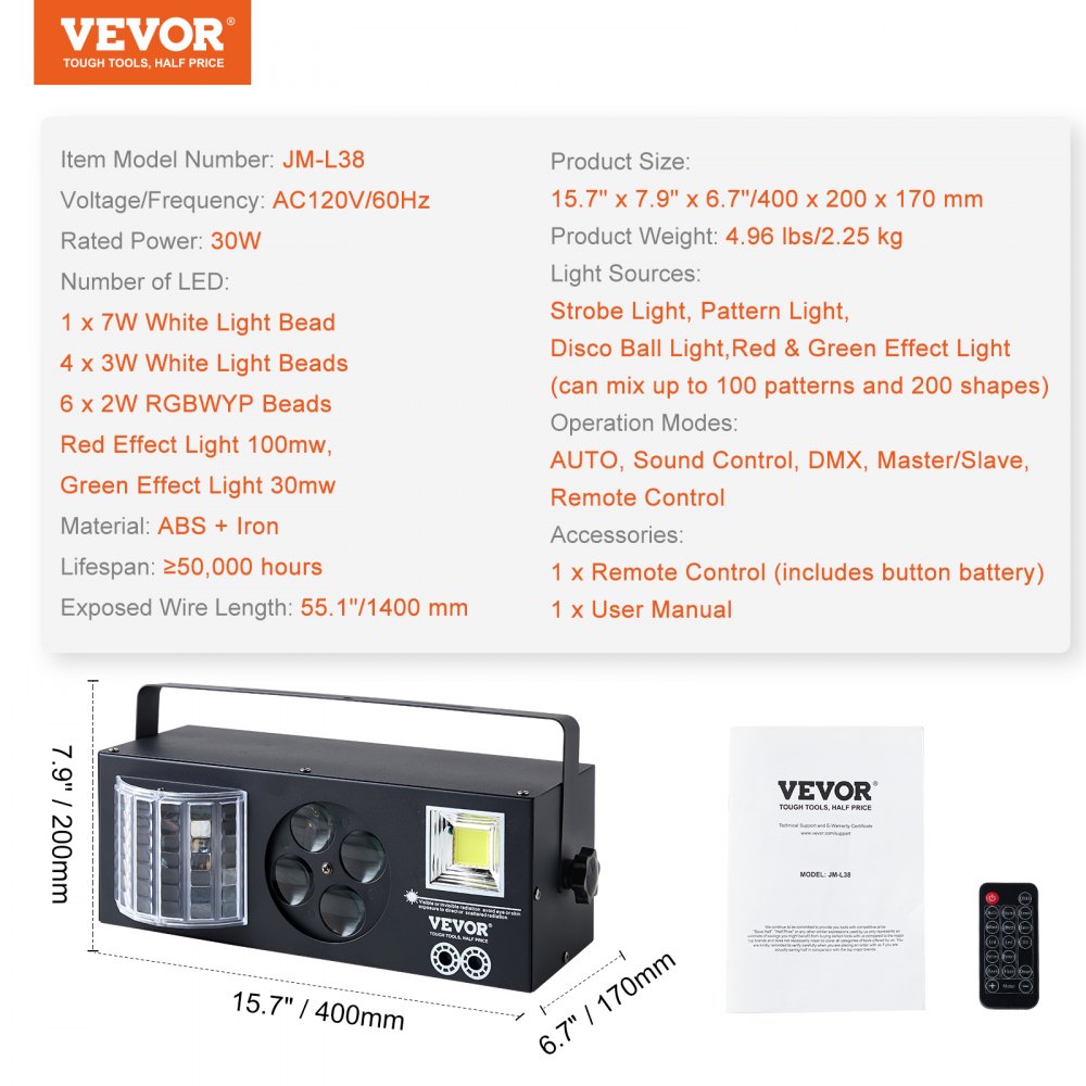 Bostome 4-in-1 RGB Stage Light with LED patterns, strobe effects, and disco ball features.