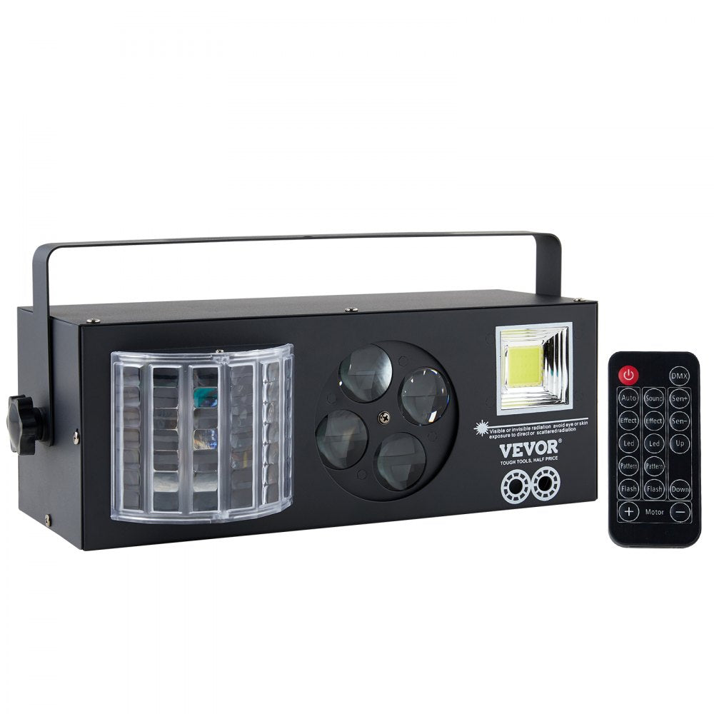 RGB stage light with strobe, disco ball effect, and multiple colorful pattern projectors.