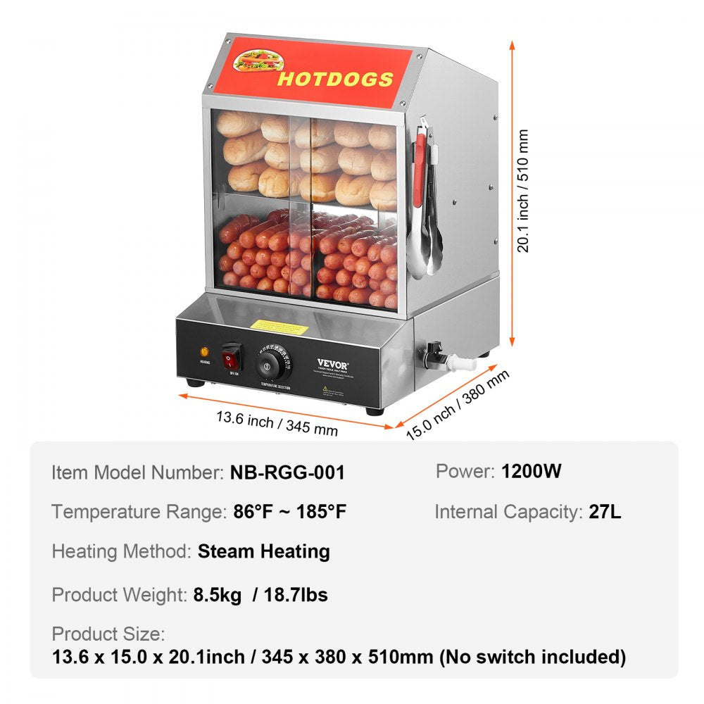 Commercial Hot Dog Steamer 2-Tier Electric Bun Warmer 28.5QT Slide Doors