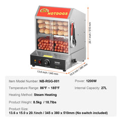 Commercial Hot Dog Steamer 2-Tier Electric Bun Warmer 28.5QT Slide Doors