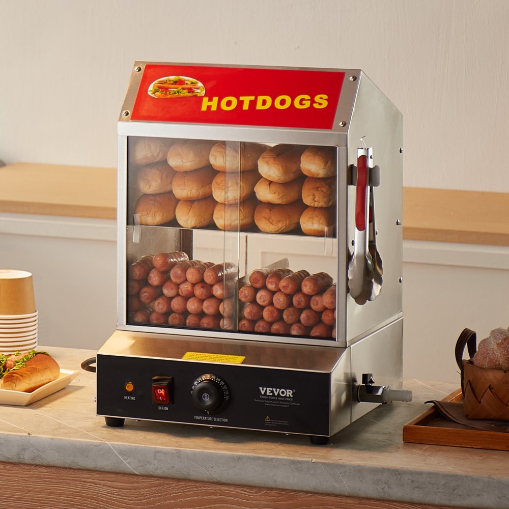 Commercial Hot Dog Steamer 2-Tier Electric Bun Warmer 28.5QT Slide Doors
