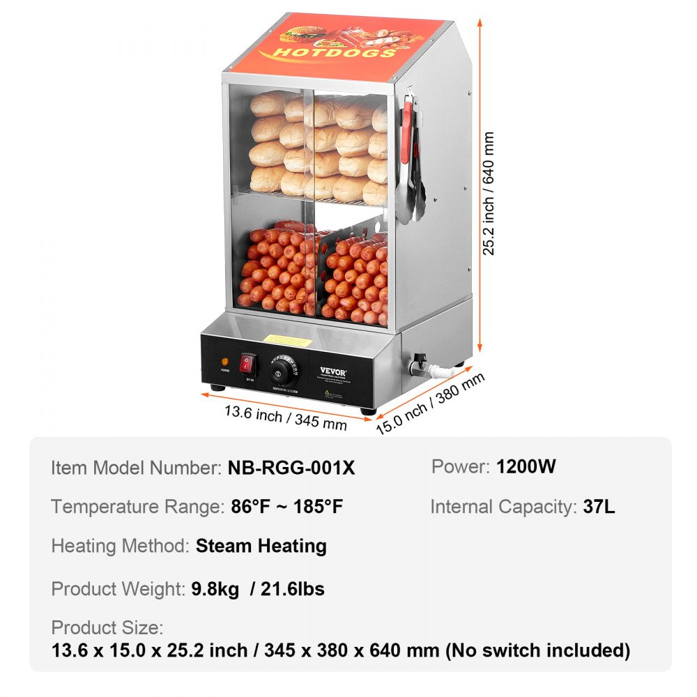 Commercial Hot Dog Steamer 2-Tier Electric Bun Warmer 39QT Slide Doors
