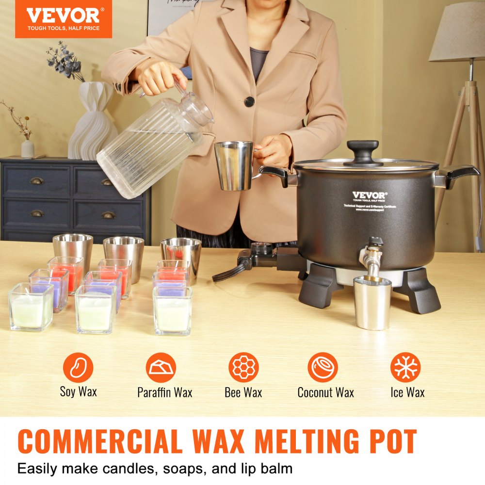 A woman pours melted wax from a 5L VEVOR electric wax melter pot into metal containers for candle making.