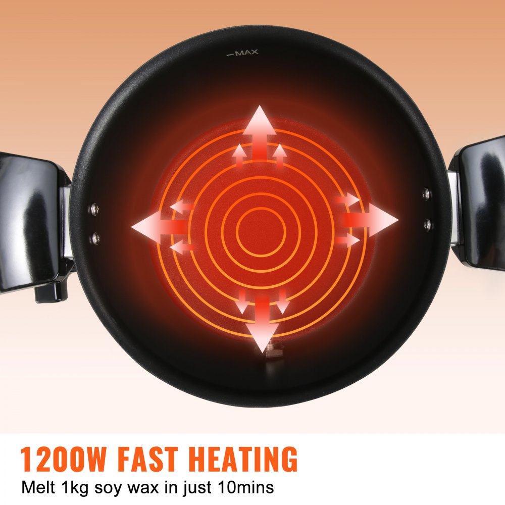 5L electric wax melter pot with pour spout, temperature control dial, and fast heating indicator.