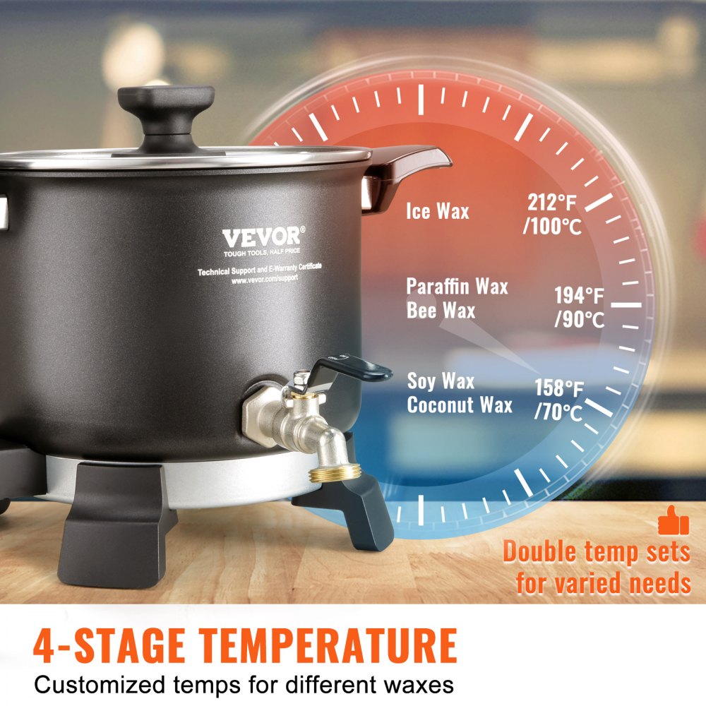 5L electric wax melter with pour spout, 4-stage temperature control for waxes, and double temp settings.