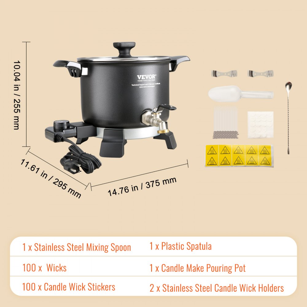 Bostome 5L electric wax melter with pour spout, temp control, and included accessories like spoon and wicks.