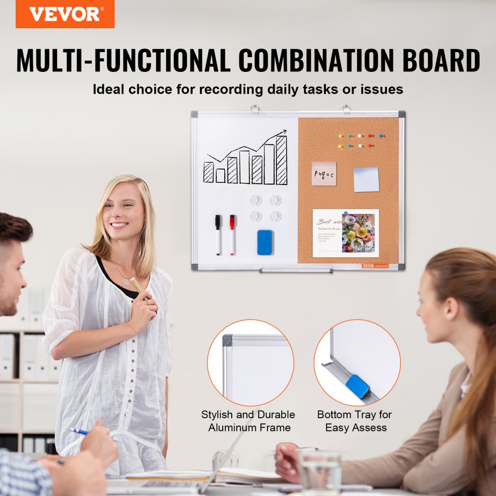24"x 18" Whiteboard & Cork Board Combo with Aluminum Frame Bulletin Board for School Home
