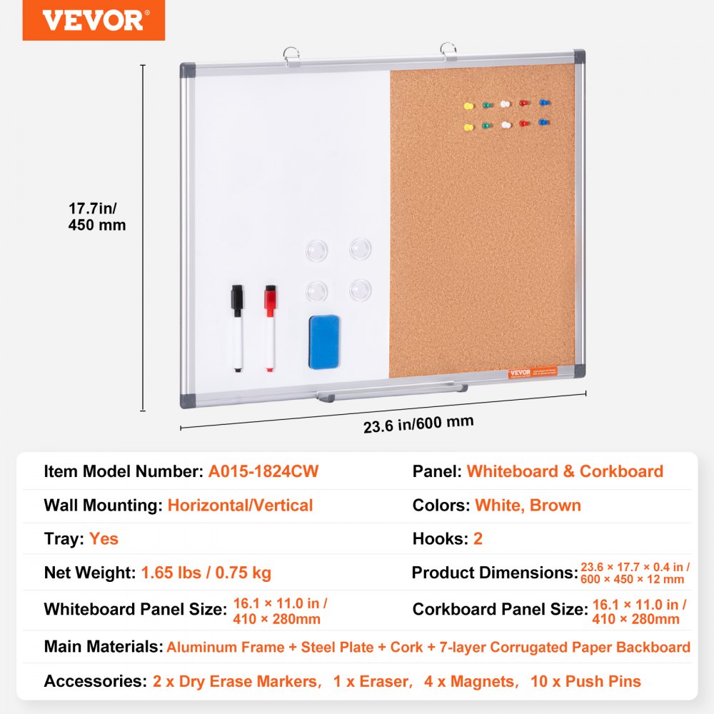 24"x 18" Whiteboard & Cork Board Combo with Aluminum Frame Bulletin Board for School Home