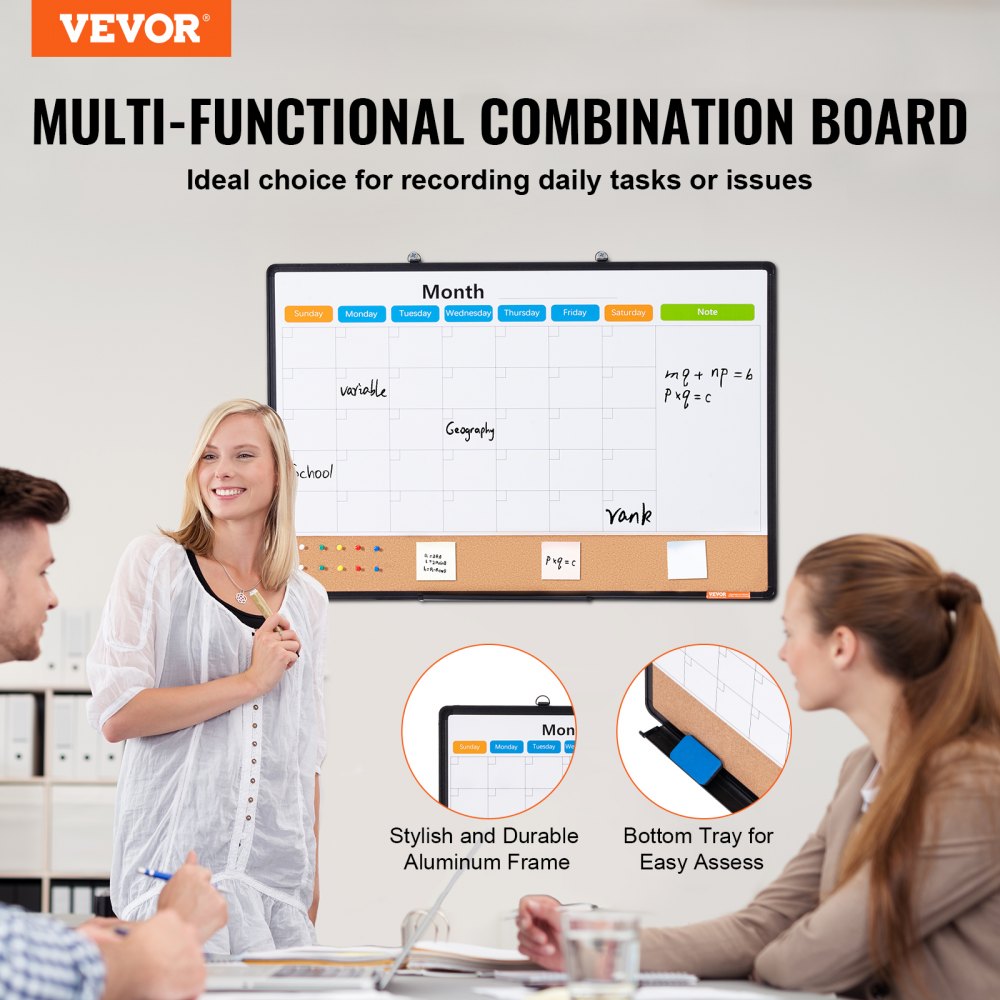 36"x 24" Monthly Calendar Whiteboard & Cork Board Combo with Aluminum Frame Bulletin Board
