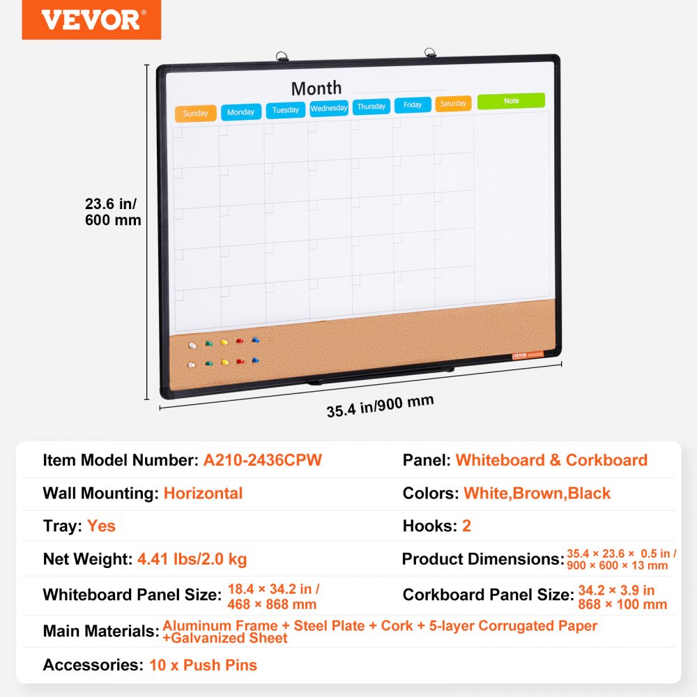 36"x 24" Monthly Calendar Whiteboard & Cork Board Combo with Aluminum Frame Bulletin Board