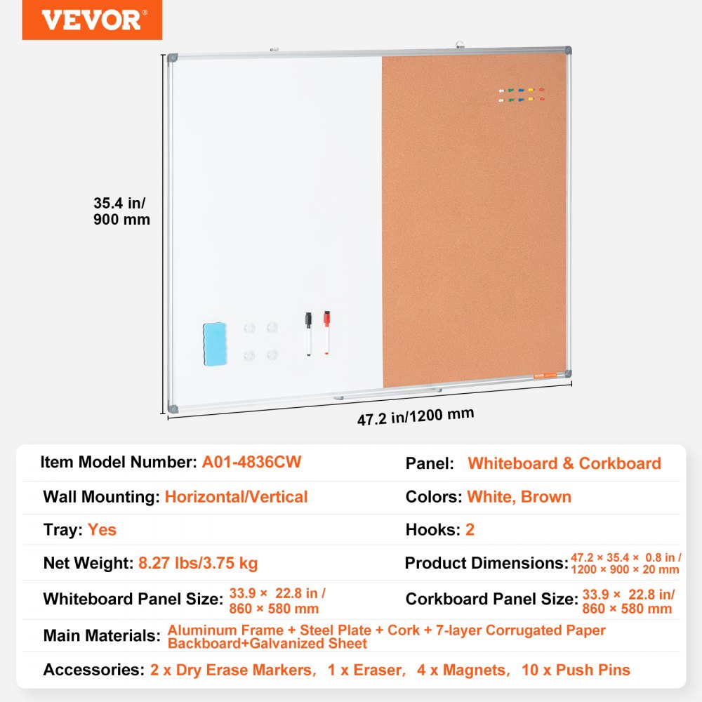 48"x 36" Whiteboard & Cork Board Combo with Aluminum Frame Bulletin Board for School Home