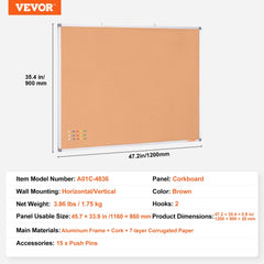 48"x36" Large Cork Board – Wall-Mounted Bulletin Board with Pin Board