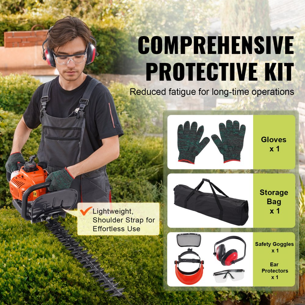 23.2-inch 26CC 2 Cycle Gas Hedge Trimmer, Gas Powered Handheld Hedge Trimmer with Dual Sided Dual Action Blade, 180° Adjustable Trimmer Head, Suitable for Trimming Shrubs, Low Bushes