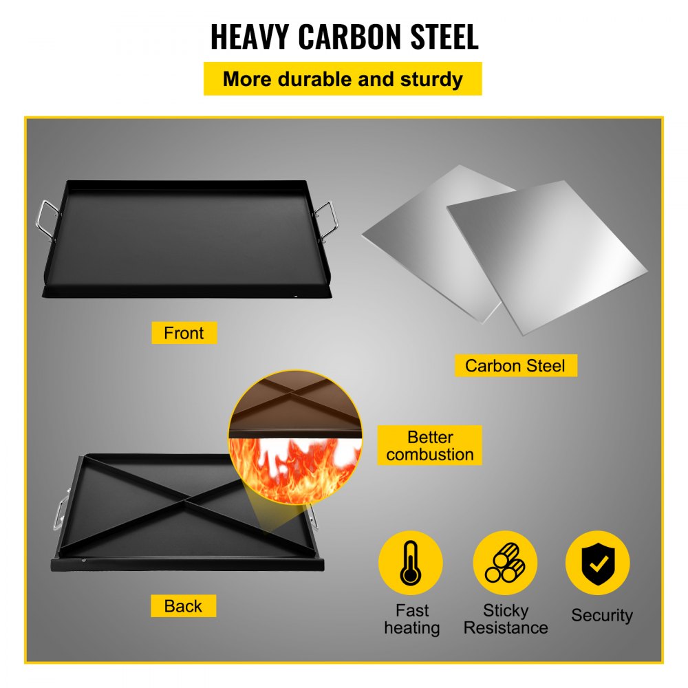 Carbon Steel Griddle, 16" x 24" Griddle Flat Top Plate, Griddle for BBQ Charcoal/Gas Gril with 2 Handles, Rectangular Flat Top Grill with Extra Drain Hole for Tailgating and Parties