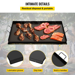 Carbon Steel Griddle, 16" x 24" Griddle Flat Top Plate, Griddle for BBQ Charcoal/Gas Gril with 2 Handles, Rectangular Flat Top Grill with Extra Drain Hole for Tailgating and Parties
