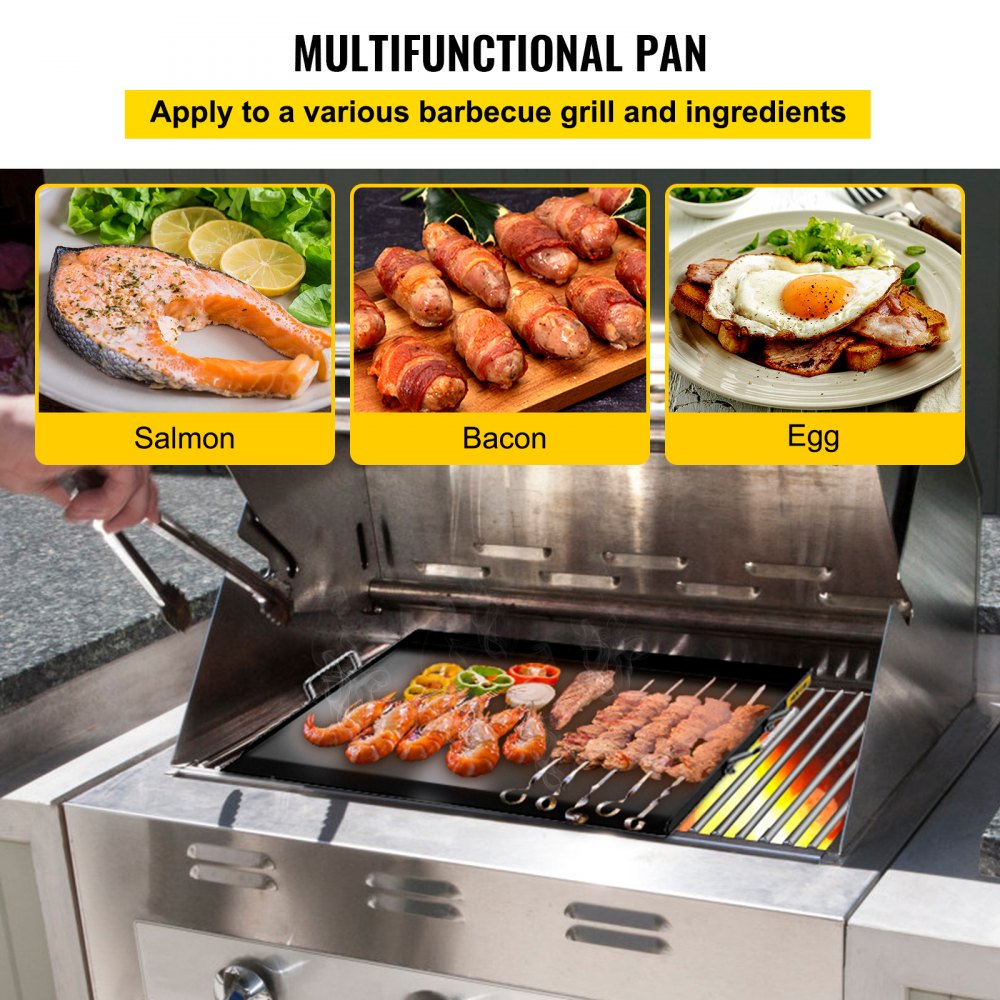 Carbon Steel Griddle, 16" x 24" Griddle Flat Top Plate, Griddle for BBQ Charcoal/Gas Gril with 2 Handles, Rectangular Flat Top Grill with Extra Drain Hole for Tailgating and Parties