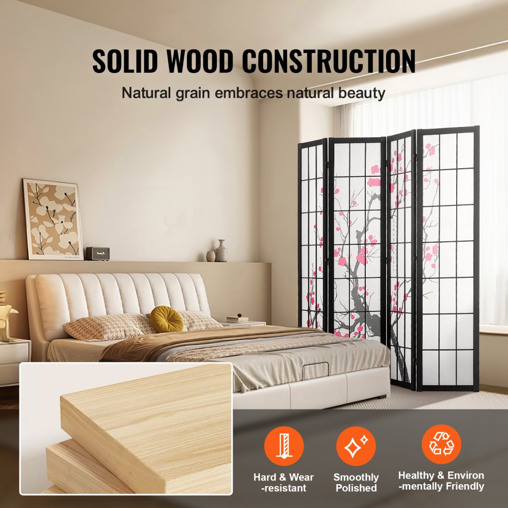 Room Divider, 4 Panel Japanese Room Divider Screen, Wood Folding Privacy Screen Indoor, Japanese Partition Portable Decoration Dividers, for Room Separation Home Office Restaurant & Bedroom