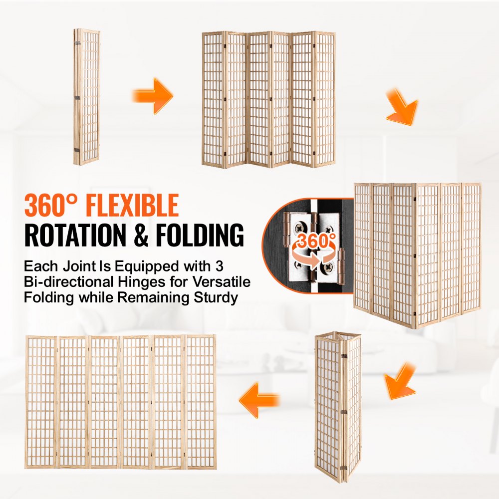 Room Divider, 6 Panel Japanese Room Divider, Wood Folding Privacy Screen Indoor, Japanese Partition Dividers Portable Decoration Screens, for Room Separation Home Office Restaurant & Bedroom
