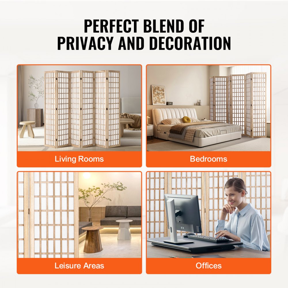 Room Divider, 6 Panel Japanese Room Divider, Wood Folding Privacy Screen Indoor, Japanese Partition Dividers Portable Decoration Screens, for Room Separation Home Office Restaurant & Bedroom