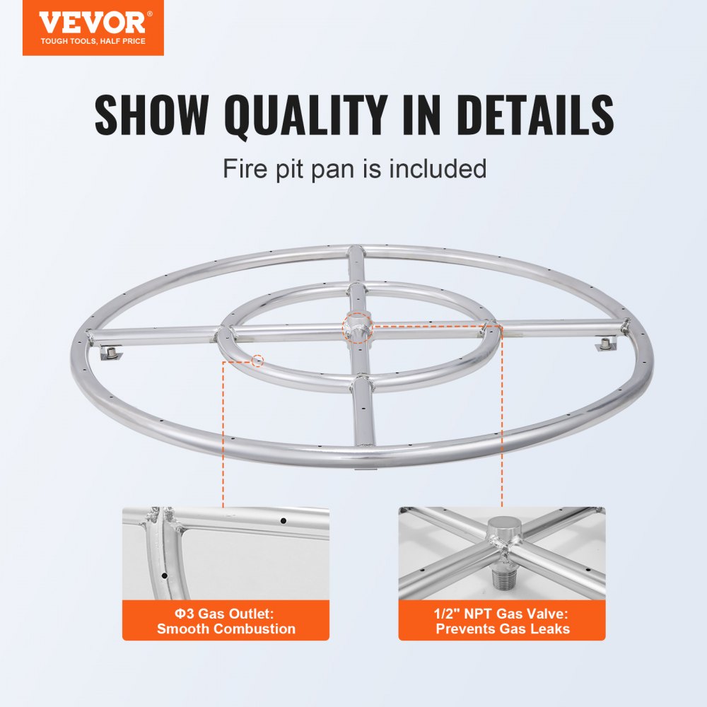 24 inch Round Drop-in Fire Pit Pan, Stainless Steel Fire Pit Burner, Natural & Propane Gas Fire Pan 92,000 BTU, for Indoor or Outdoor Use