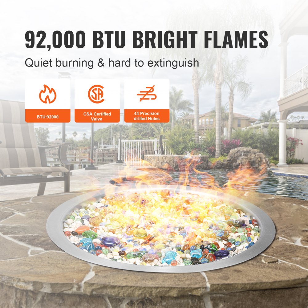 24 inch Round Drop-in Fire Pit Pan, Stainless Steel Fire Pit Burner, Natural & Propane Gas Fire Pan 92,000 BTU, for Indoor or Outdoor Use
