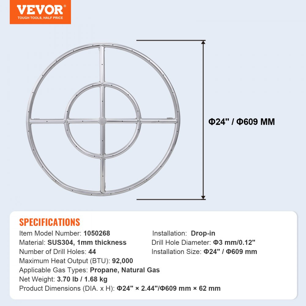 24 inch Round Drop-in Fire Pit Pan, Stainless Steel Fire Pit Burner, Natural & Propane Gas Fire Pan 92,000 BTU, for Indoor or Outdoor Use