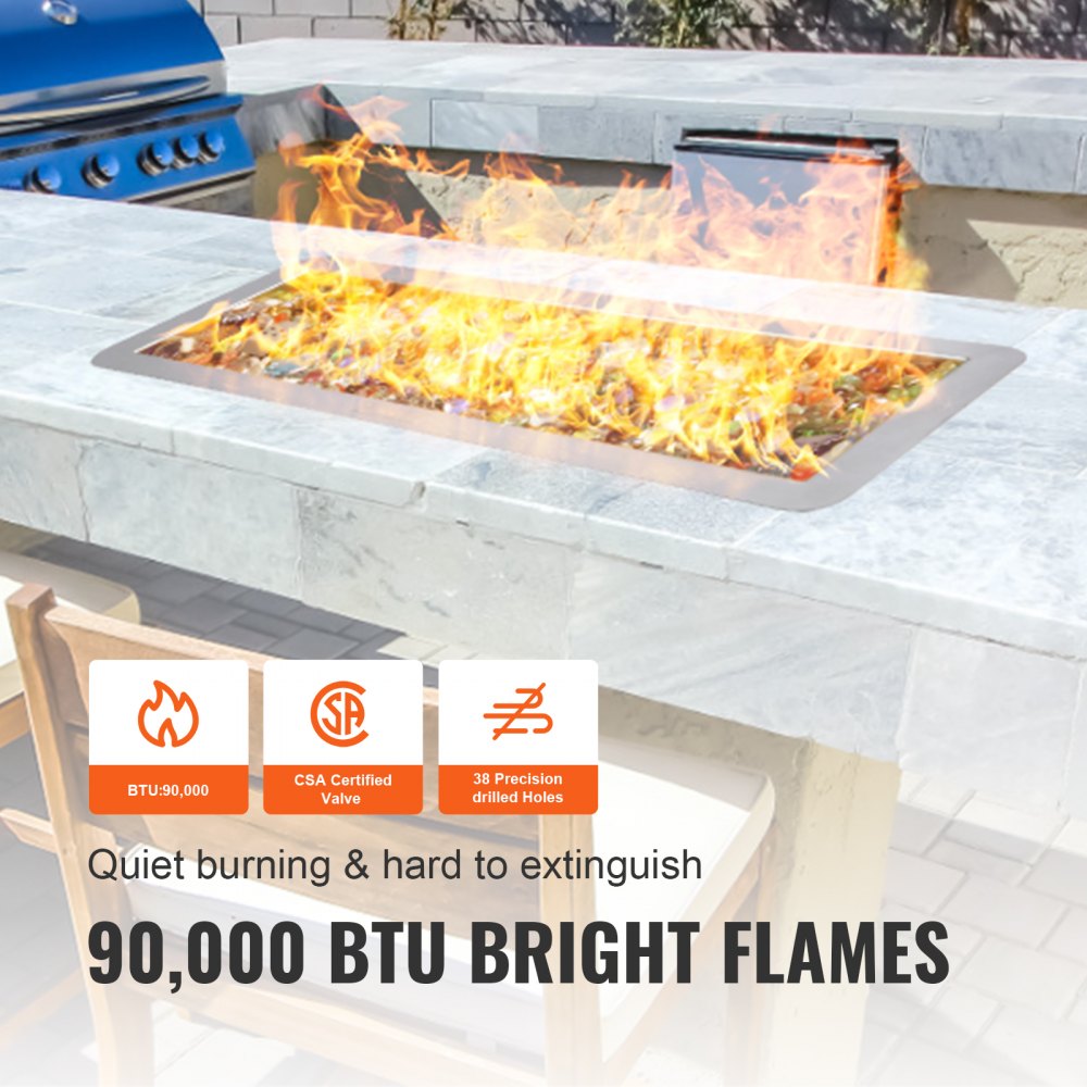 6 x 18 inch Drop-in Fire Pit Pan, Rectangular Stainless Steel Fire Pit Burner, Natural & Propane Gas Fire Pan H-Burner 90,000 BTU for Indoor or Outdoor Use