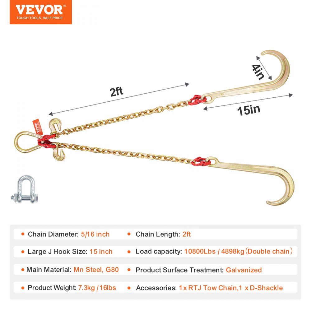 5/16" x 2` G80 Tow Chain J Hook V-Chain Bridle Grab Hook Wrecker 10800 lbs