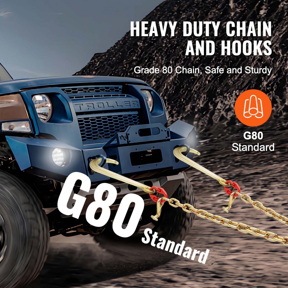3/8"x2` G80 Tow Chain J Hook V-Chain Bridle Grab & T Hook Wrecker 15600lbs