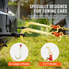 3/8"x2` G80 Tow Chain J Hook V-Chain Bridle Grab & T Hook Wrecker 15600lbs