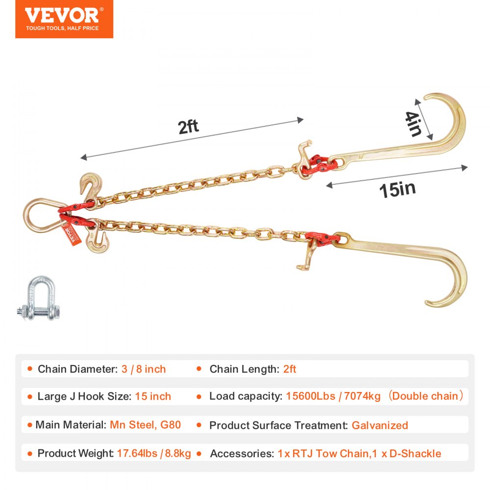 3/8"x2` G80 Tow Chain J Hook V-Chain Bridle Grab & T Hook Wrecker 15600lbs