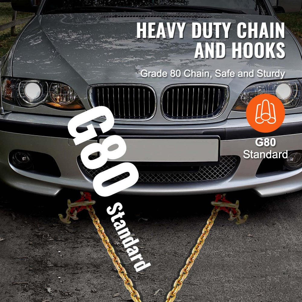 5/16" x 3` G80 Tow Chain V-Chain Bridle RTJ & Grab Hooks Wrecker 10800 lbs