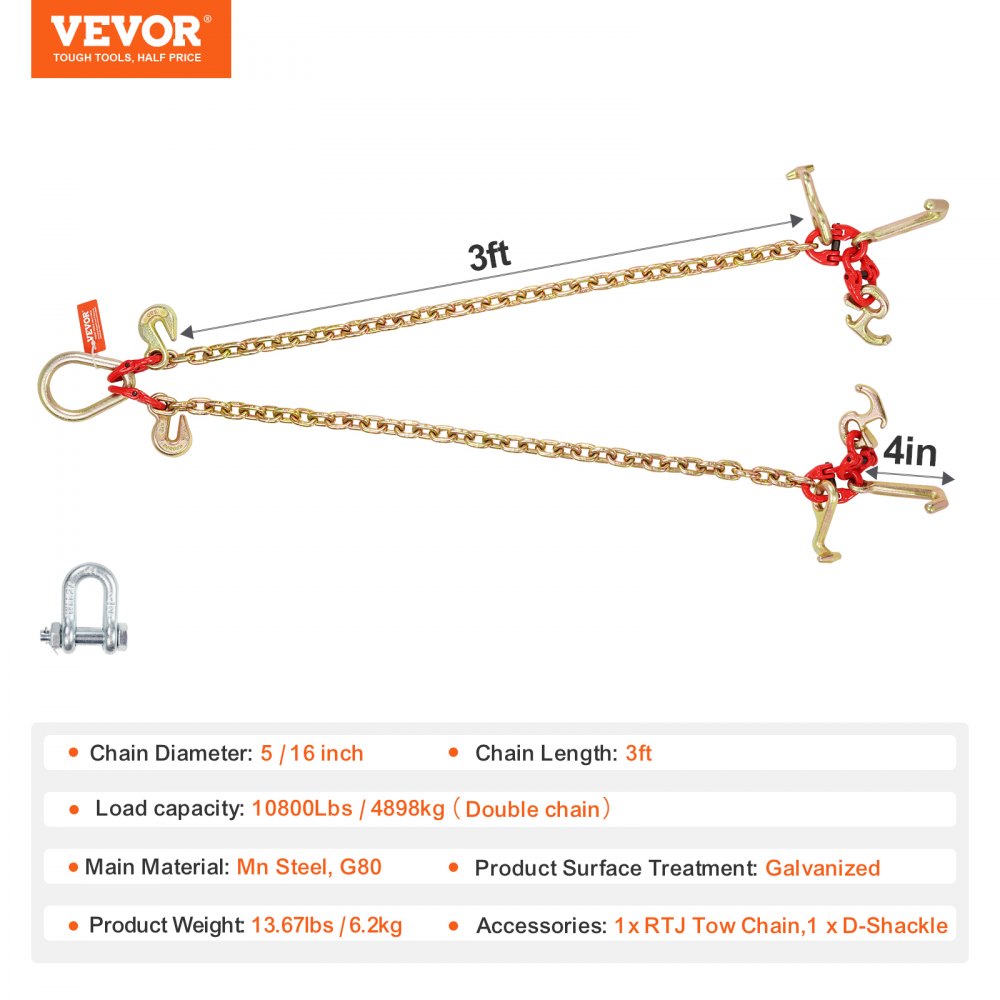 5/16" x 3` G80 Tow Chain V-Chain Bridle RTJ & Grab Hooks Wrecker 10800 lbs