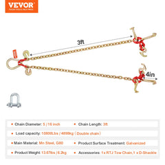 5/16" x 3` G80 Tow Chain V-Chain Bridle RTJ & Grab Hooks Wrecker 10800 lbs