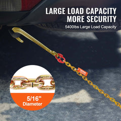 5/16"x6` G80 Tow Chain 15" J Hook Long Shank RTJ & Grab Hooks Wrecker Tie