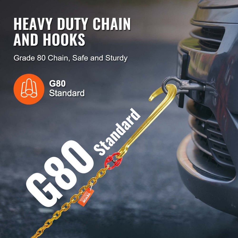 5/16"x6` G80 Tow Chain 15" J Hook Long Shank RTJ & Grab Hooks Wrecker Tie