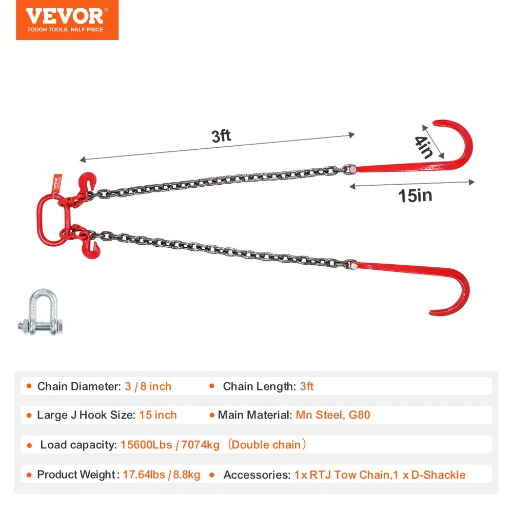 3/8" x 3` G80 Tow Chain J Hook V-Chain Bridle Grab Hook Wrecker 15600 lbs